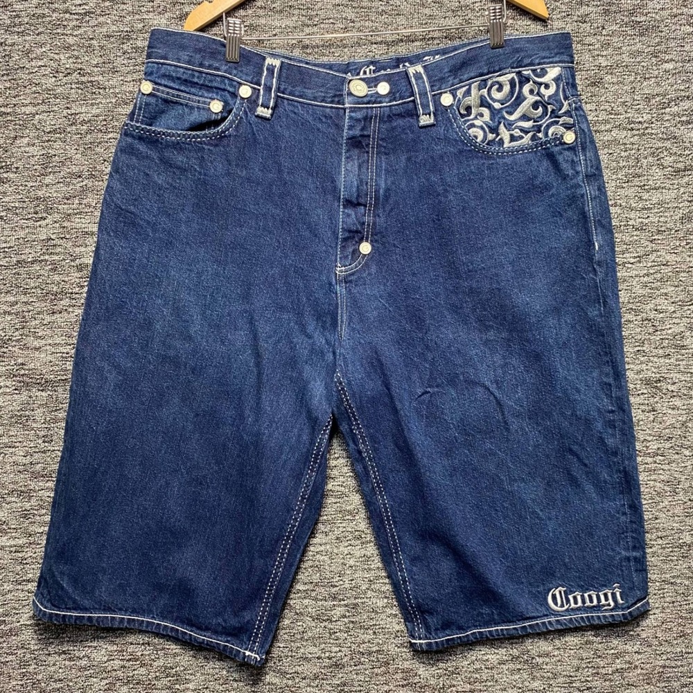 Vtg Coogi Denim Shorts Mens 42 Blue Leather Pocket Embroidered Baggy Jorts Y2K